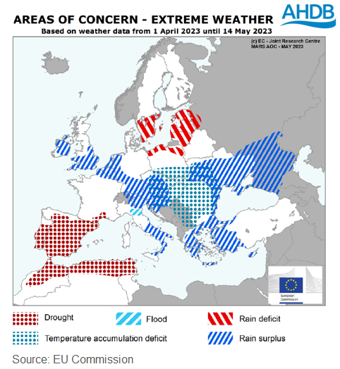 Map showing areas of concern for crops in Europe and North Africa in May 2023